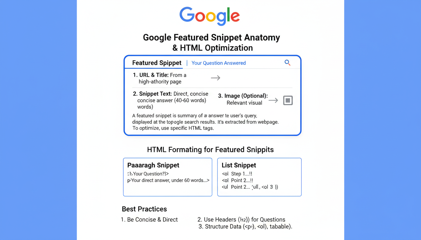 keyword rank tracker - educational infographic showing the anatomy of a Google Featured Snippet and how to format HTML content to capture it