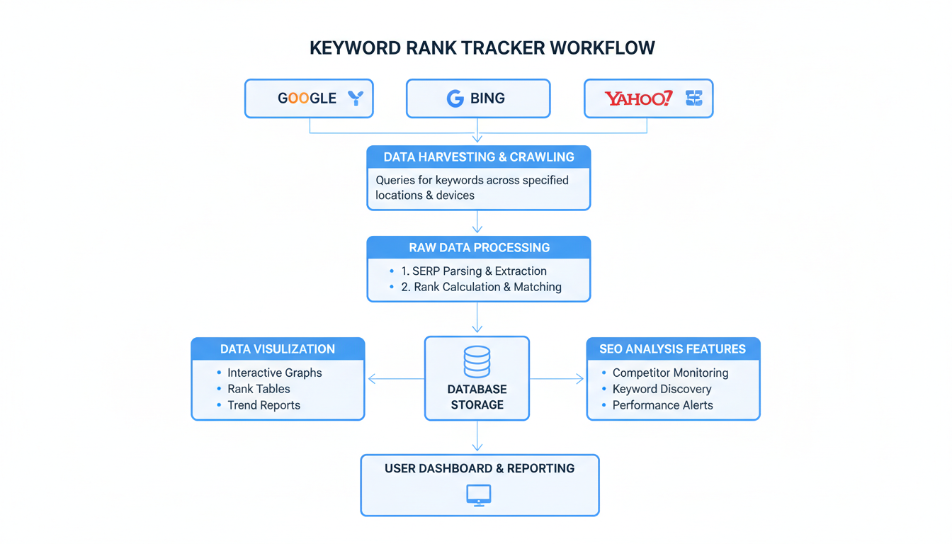 keyword rank tracker - professional minimalist flowchart showing the workflow of how a keyword rank tracker pulls data from search engines, processes it, and visualizes it for SEO analysis