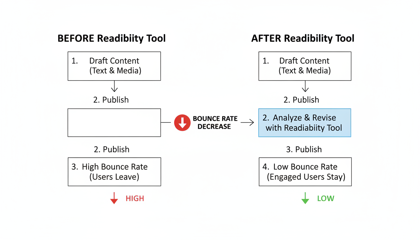 readability tool - professional minimalist flowchart showing the workflow of content creation before and after using a readability tool, highlighting the drop in bounce rates