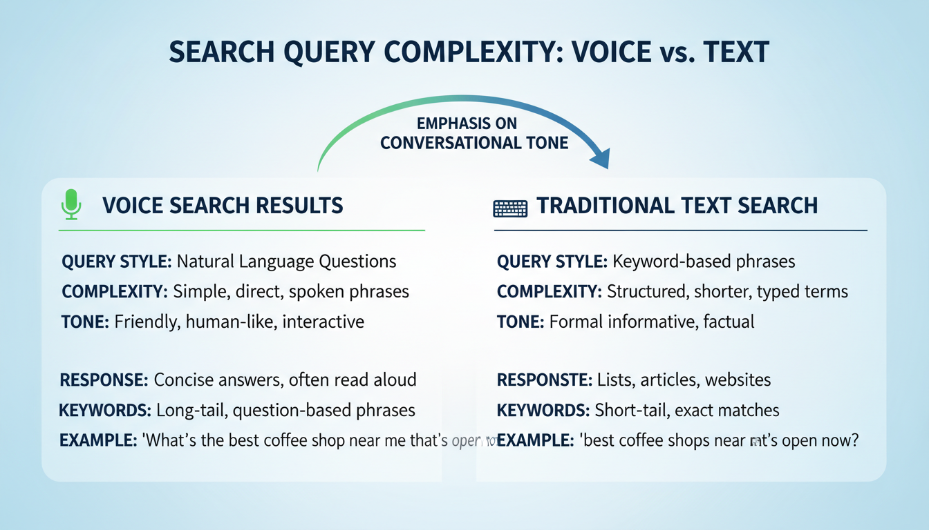 readability tool - detailed comparison table as a high-quality graphic showing voice search results vs traditional text complexity, emphasizing conversational tone