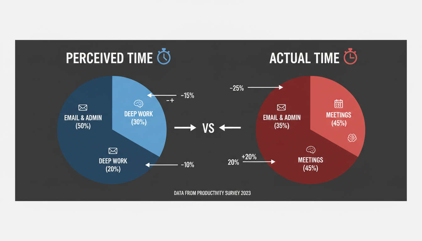 effective use of time tracker - detailed infographic showing a pie chart comparison of 'Perceived Time' vs 'Actual Time' spent on tasks like email, deep work, and meetings