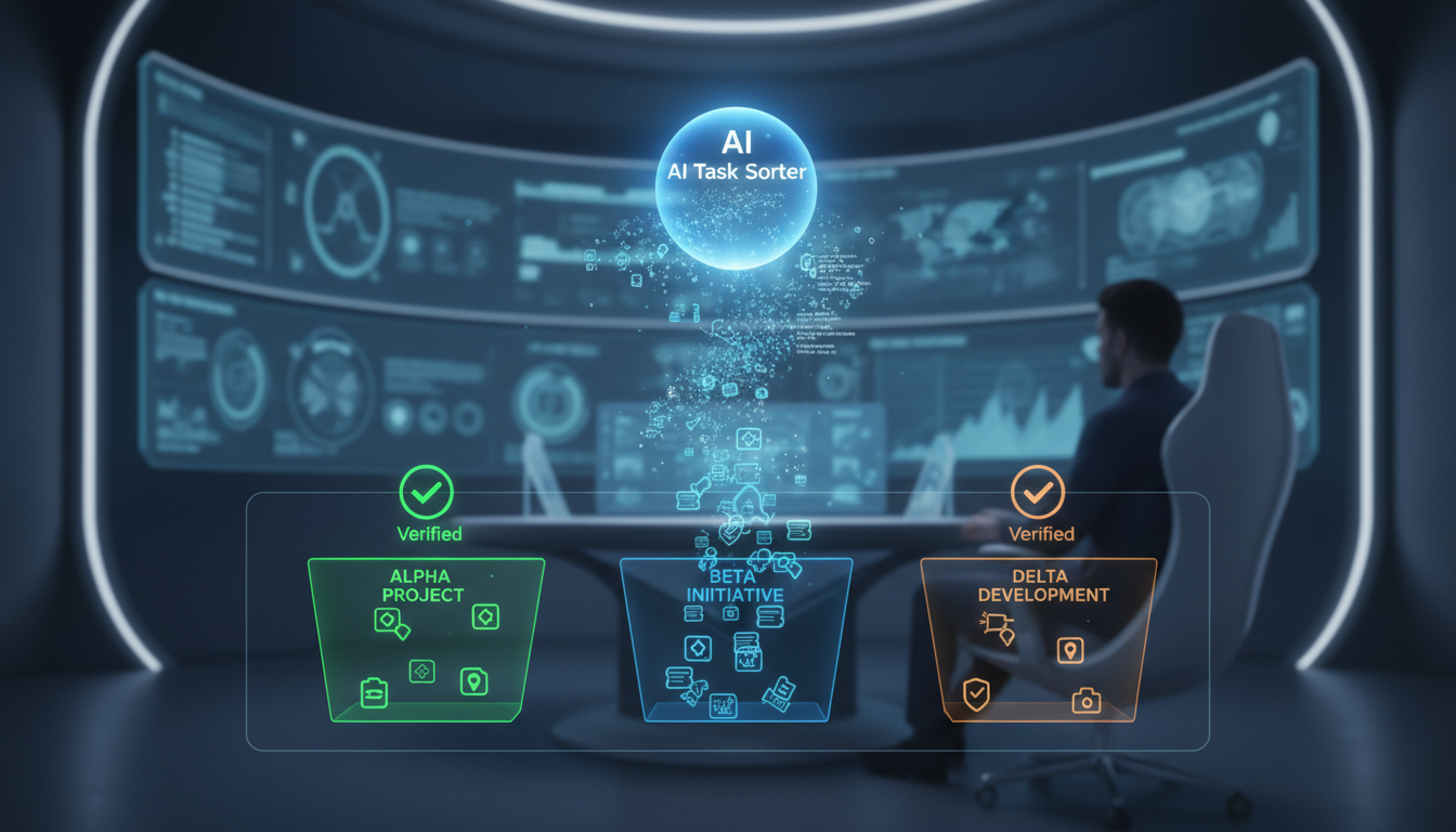 effective use of time tracker - futuristic concept art depicting an AI interface automatically sorting tasks into project buckets with a 'Verified' checkmark