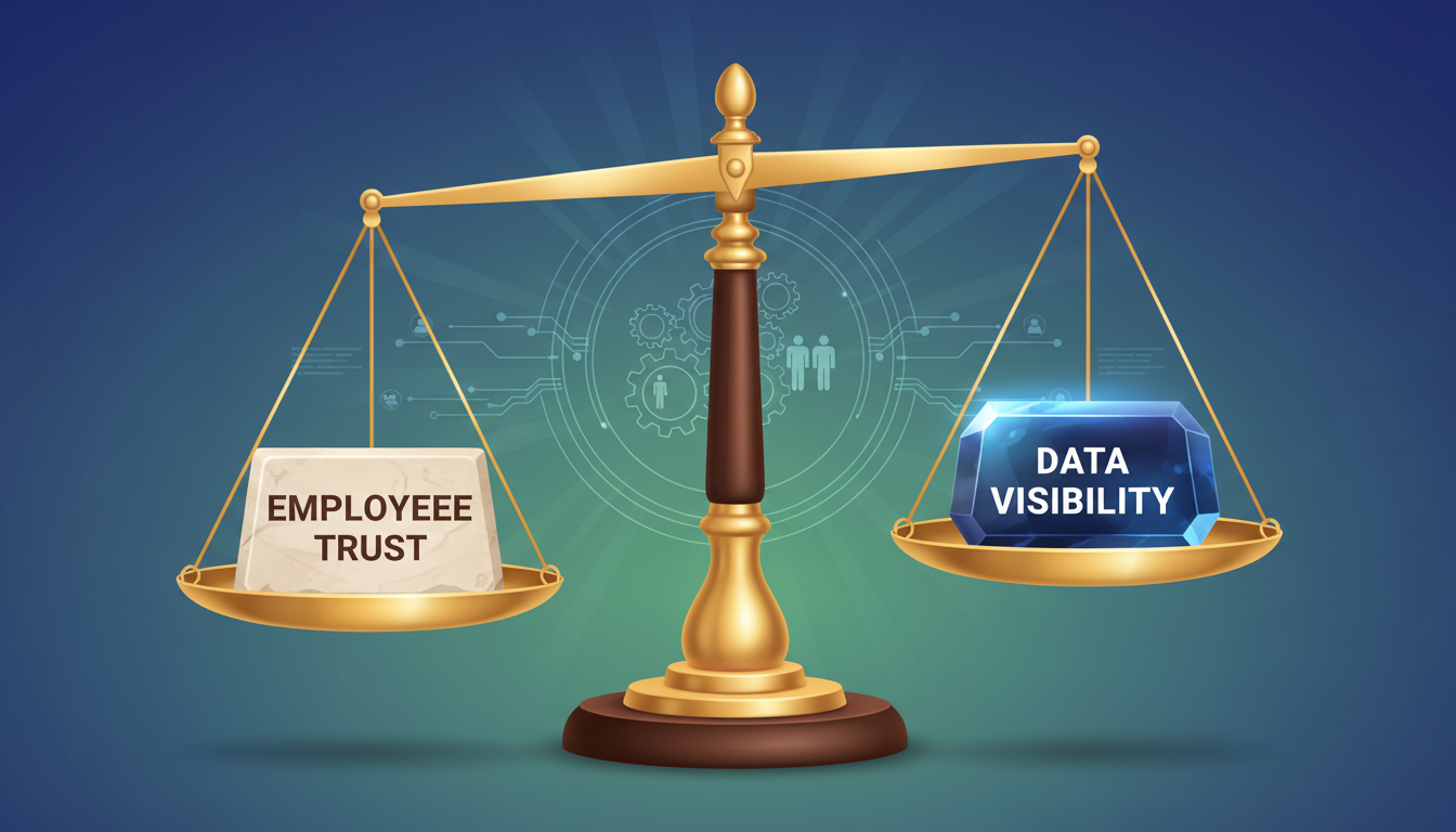 effective use of time tracker - professional illustration showing a balance scale, with 'Employee Trust' on one side and 'Data Visibility' on the other, perfectly balanced