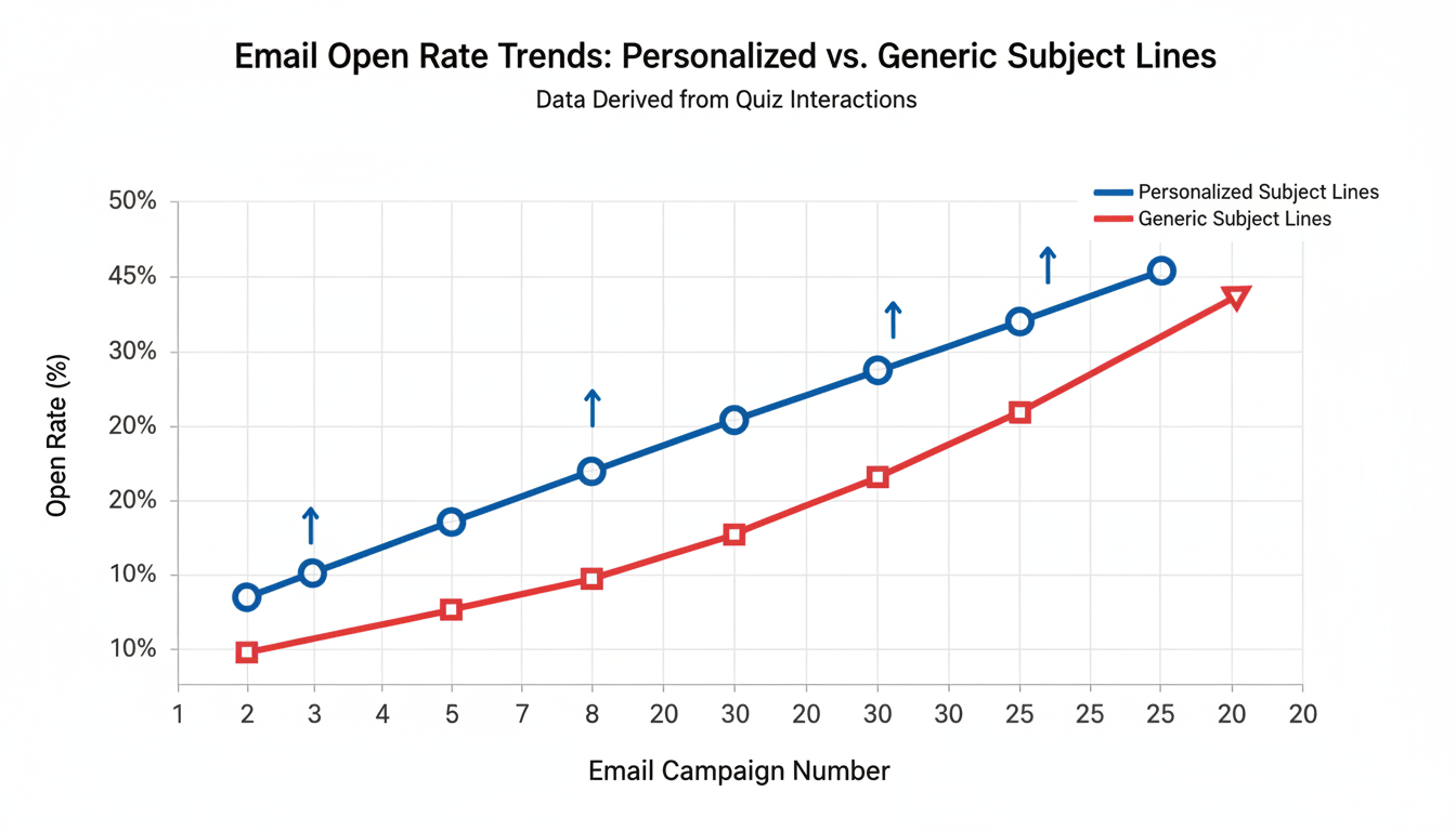 quiz maker - data trend graph showing the correlation between personalized email subject lines (derived from quiz data) and open rates vs generic emails