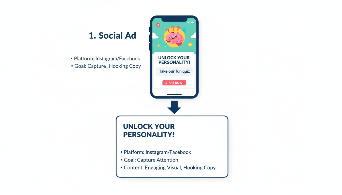 quiz maker - detailed step-by-step flowchart showing the user journey from 'Social Ad' to 'Quiz Landing Page' to 'Questions' to 'Opt-in Gate' to 'Results Page'