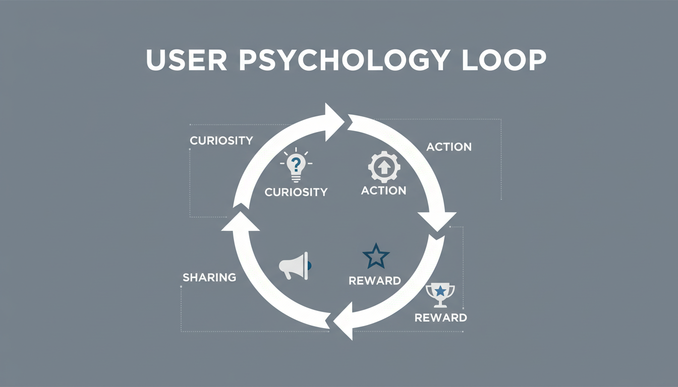 quiz maker - professional minimalist infographic showing the loop of 'Curiosity > Action > Reward > Sharing' in the context of user psychology