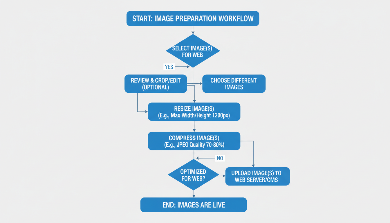 Image Compression - step-by-step flowchart diagram showing the workflow from image selection to resizing to compression to upload