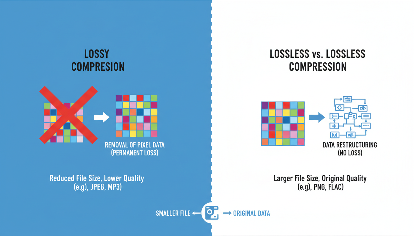 Image Compression - detailed infographic comparing lossy vs lossless compression techniques showing pixel data removal vs data restructuring