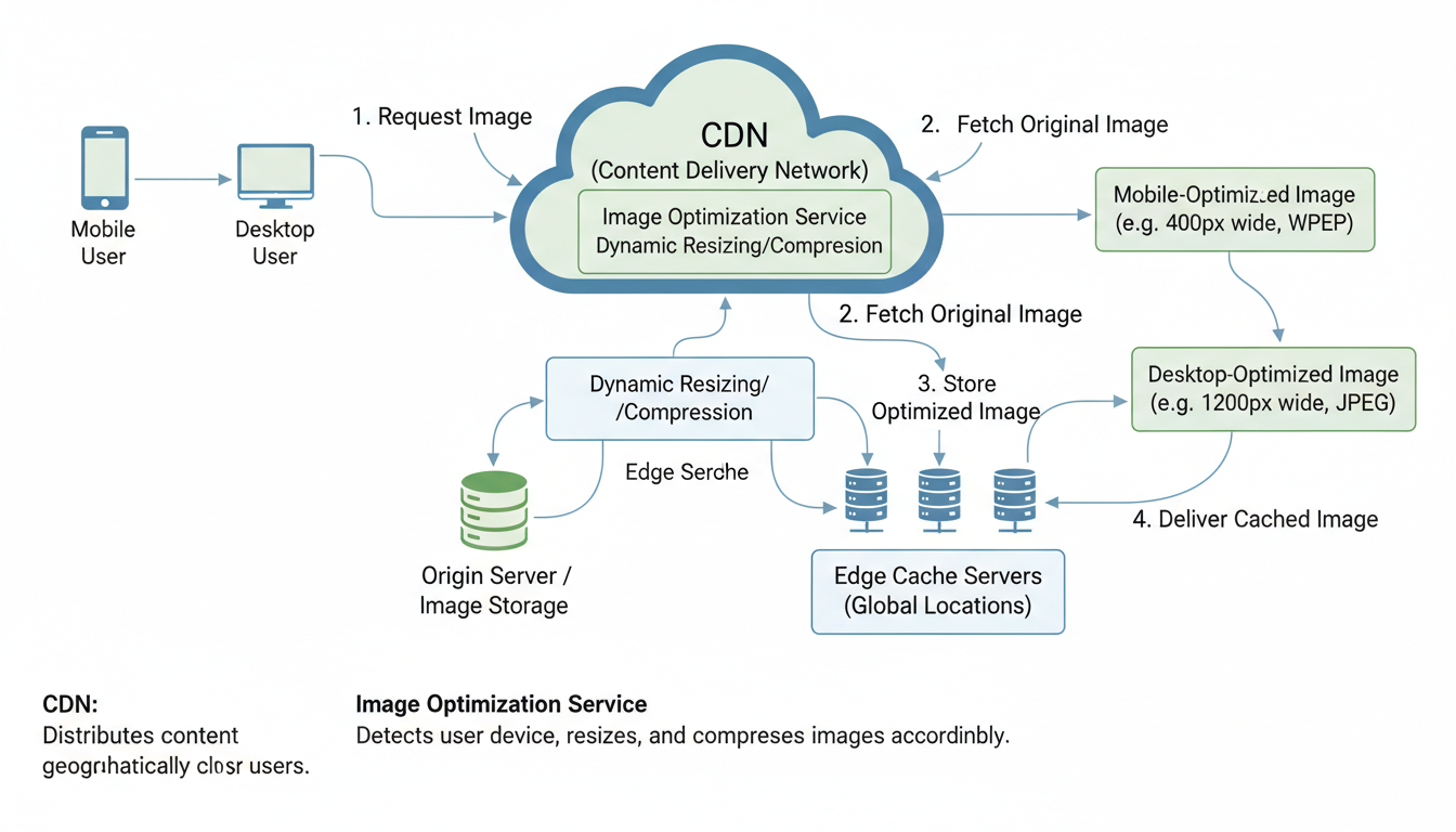 Image Compression - technical diagram showing how a CDN serves different image sizes to mobile vs desktop users