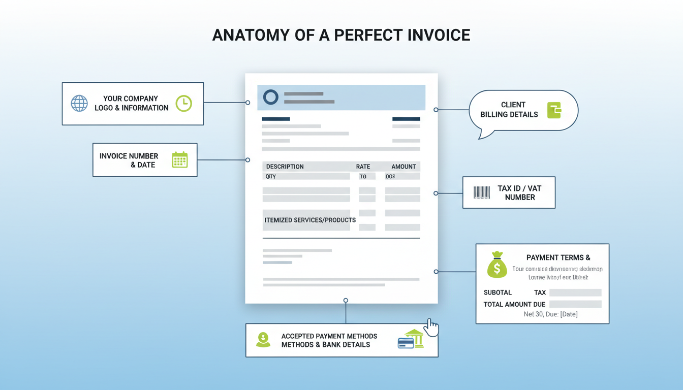 benefits of using an invoice generator - educational infographic showing the anatomy of a perfect invoice with callouts for key elements like tax ID and payment terms