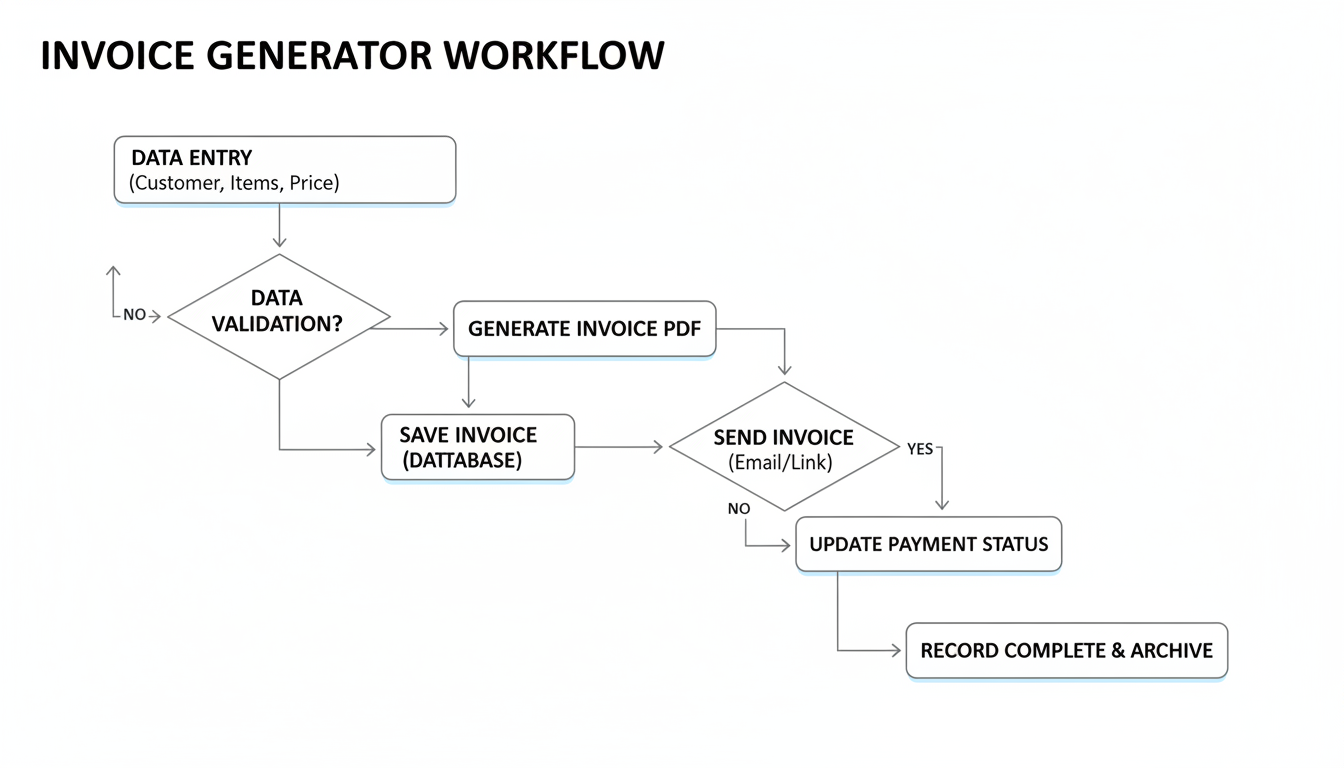 benefits of using an invoice generator - professional minimalist flowchart showing the workflow of an invoice generator from data entry to payment received