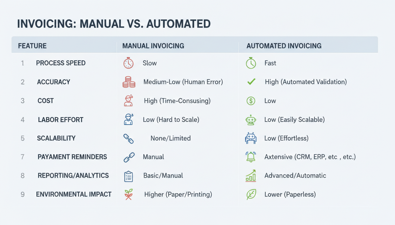 benefits of using an invoice generator - detailed comparison table as a high-quality graphic showing manual invoicing vs automated invoicing features