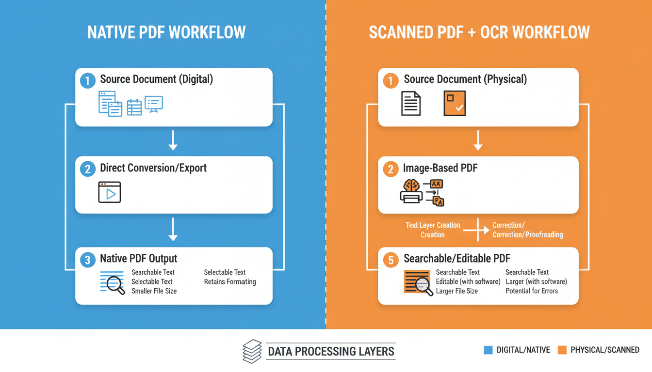 PDF to Word converter - detailed infographic comparing 'Native PDF' conversion workflow versus 'Scanned PDF with OCR' workflow, showing the layers of data processing