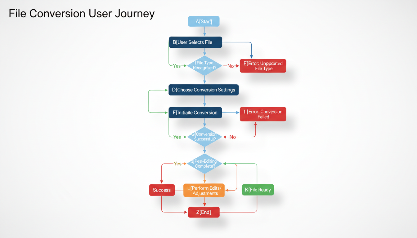 PDF to Word converter - step-by-step process flowchart showing the user journey from selecting a file, choosing settings, converting, and post-editing verification