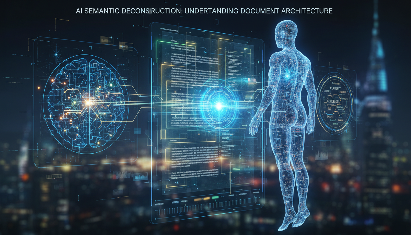 PDF to Word converter - futuristic concept illustration showing AI analyzing a document structure, highlighting semantic understanding of text blocks