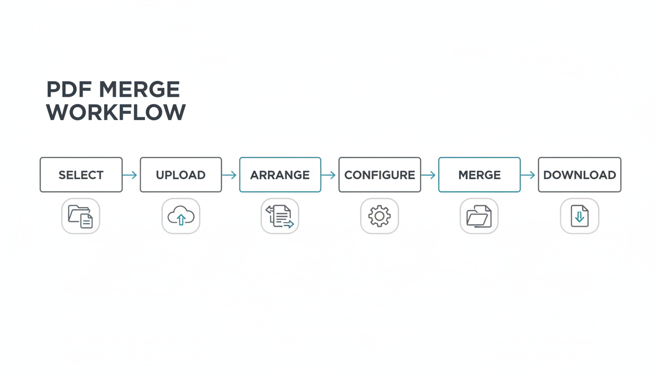 merge PDF files - professional minimalist flowchart showing the workflow of merging PDFs: Select > Upload > Arrange > Configure > Merge > Download