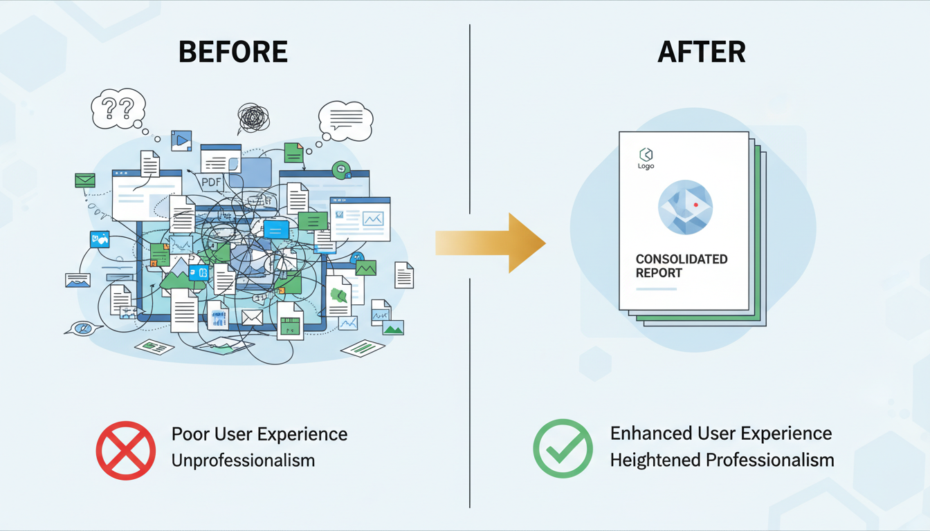 merge PDF files - educational infographic showing the 'before' state of scattered files vs the 'after' state of a merged document, highlighting 'User Experience' and 'Professionalism'