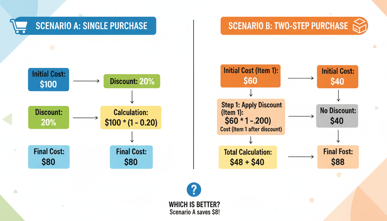 percent increase vs change - split infographic comparing the two scenarios above visually, showing the math steps clearly side-by-side