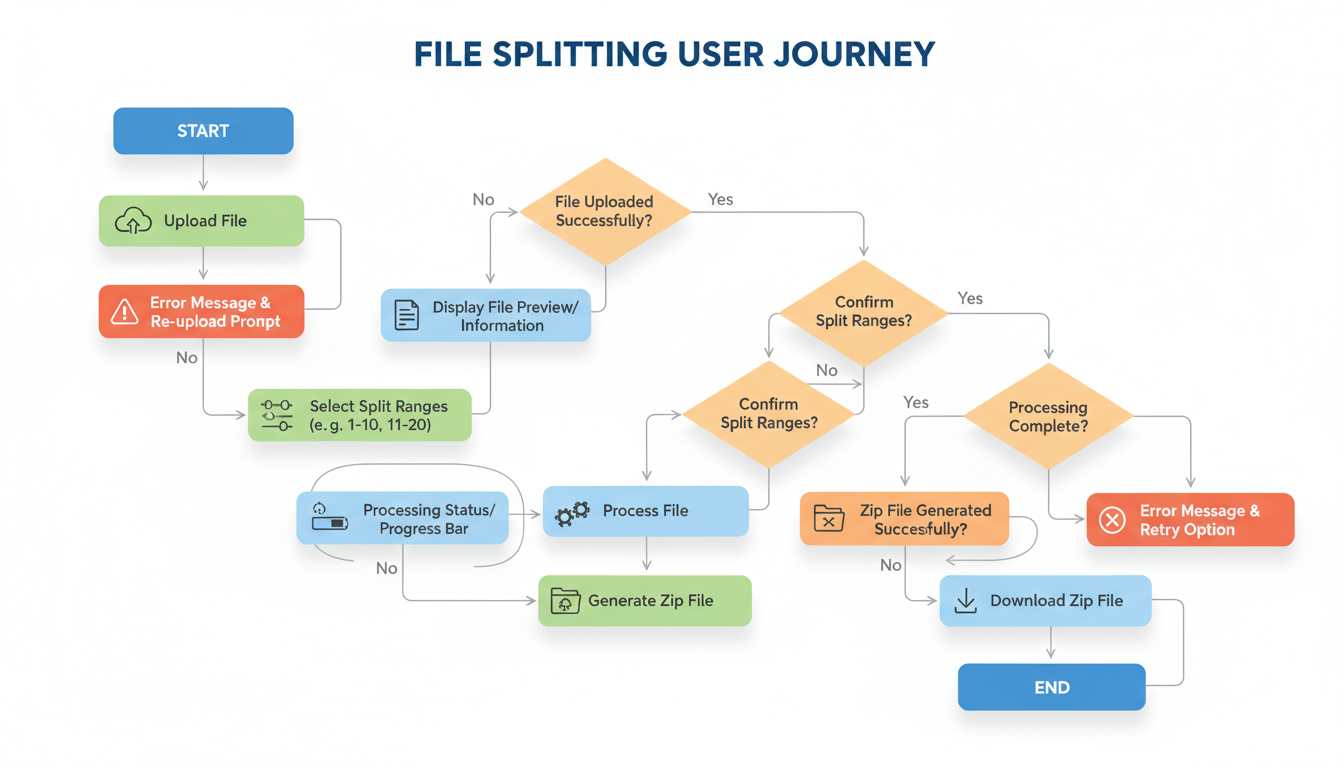 PDF splitter - step-by-step process flowchart showing the user journey from uploading a file, selecting split ranges, processing, and downloading the zip file
