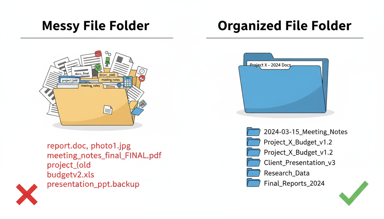 PDF splitter - comparison table graphic showing 'Messy File Folder' vs 'Organized File Folder' with proper naming conventions