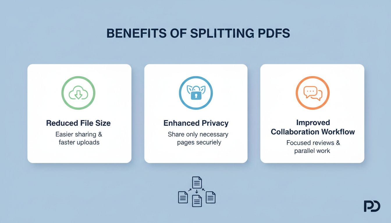 PDF splitter - professional minimalist infographic showing three benefits of splitting PDFs: Reduced File Size, Enhanced Privacy, and Improved Collaboration workflow