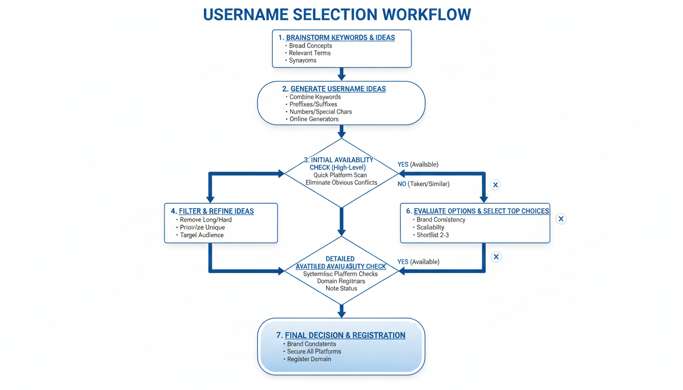 username generator tools - process flowchart showing the workflow from brainstorming keywords to checking availability and finalizing the username