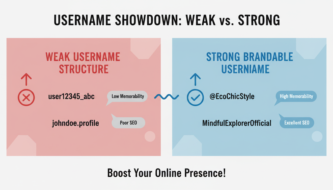 username generator tools - detailed infographic comparing a 'weak' username structure vs a 'strong' brandable username structure with labels for memorability and seo