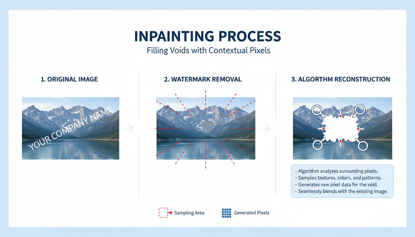 watermark remover tool - detailed infographic showing the 'inpainting' process, visualizing how an algorithm samples surrounding pixels to fill a void left by a watermark