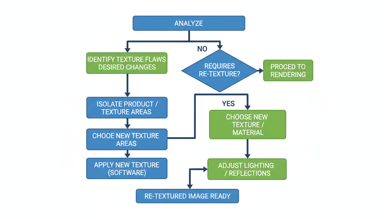 watermark remover tool - step-by-step flowchart graphic illustrating the workflow from 'Analyze' to 'Re-texture' for a product image