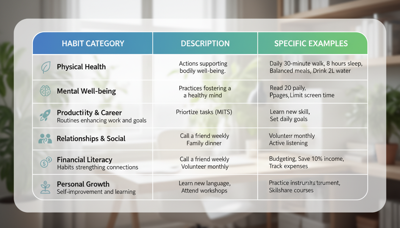 habit tracker - detailed comparison table as a high-quality graphic showing different habit categories and specific examples for each