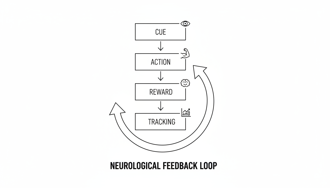 habit tracker - professional minimalist flowchart showing the neurological feedback loop of Cue, Action, Reward, and Tracking