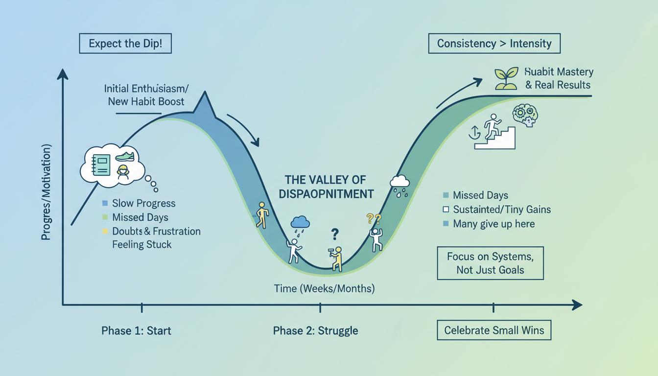 habit tracker - educational infographic illustrating the 'Valley of Disappointment' in habit formation