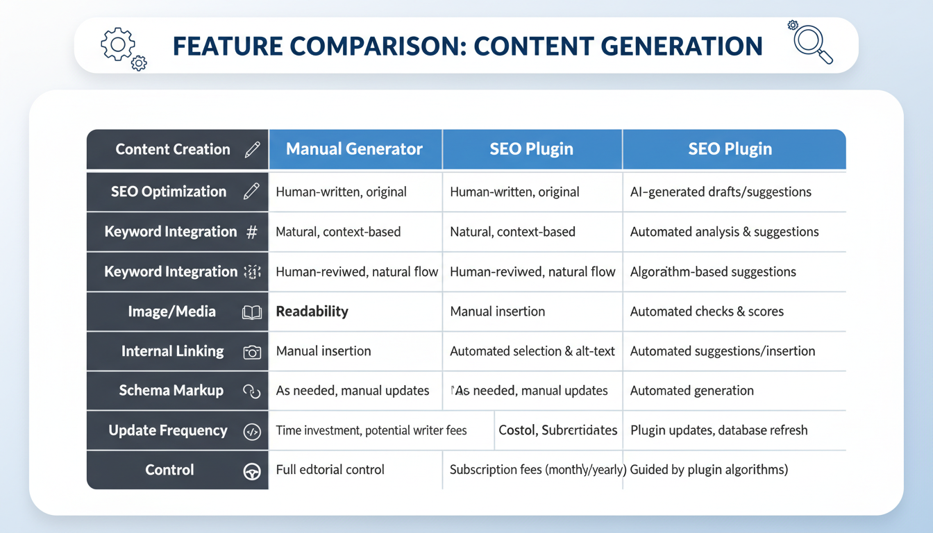 schema generator - detailed comparison table as a high-quality graphic comparing 'Manual Generator' vs 'SEO Plugin' features