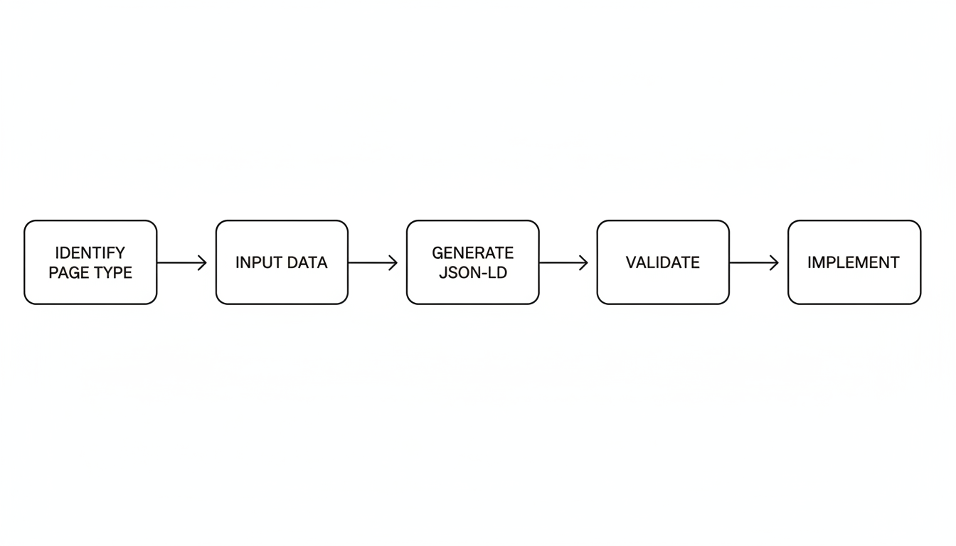 schema generator - professional minimalist flowchart showing the workflow: Identify Page Type -> Input Data -> Generate JSON-LD -> Validate -> Implement