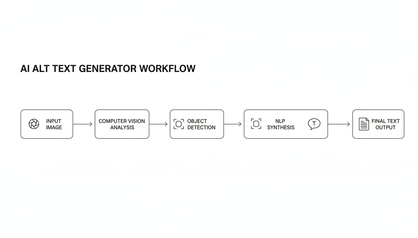 alt text generator - professional minimalist flowchart showing the workflow of an AI alt text generator: Input Image -> Computer Vision Analysis -> Object Detection -> NLP Synthesis -> Final Text Output