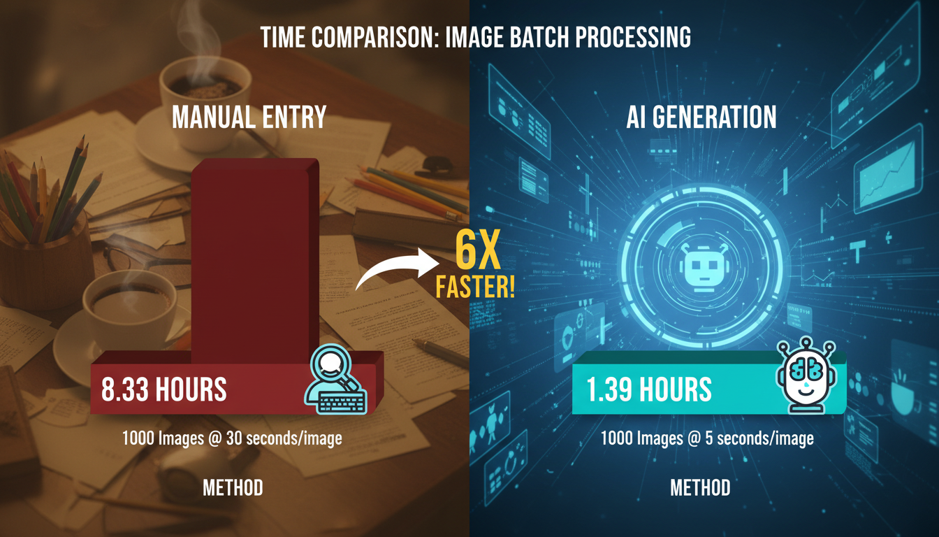 alt text generator - detailed comparison bar chart showing the time difference between manual entry vs AI generation for a batch of 1000 images