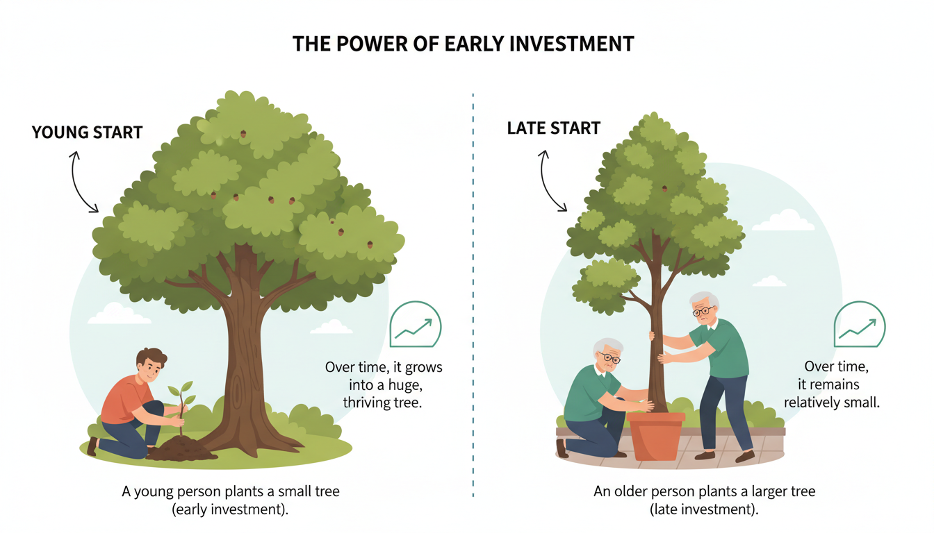 compound interest calculator - split screen infographic showing a young person planting a small tree that grows huge versus an older person planting a larger tree that stays small