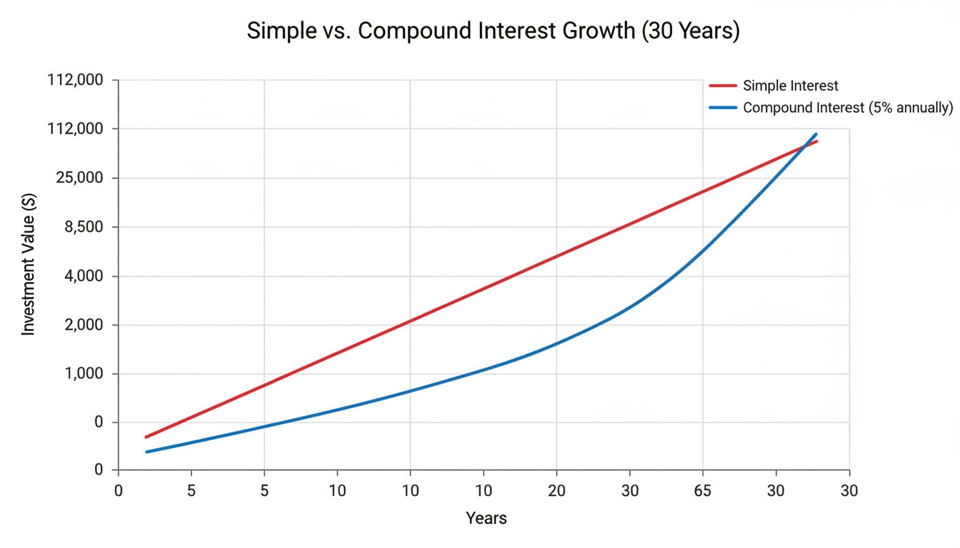 compound interest calculator - detailed line graph comparison showing a flat linear line for simple interest versus a steep upward curve for compound interest over 30 years