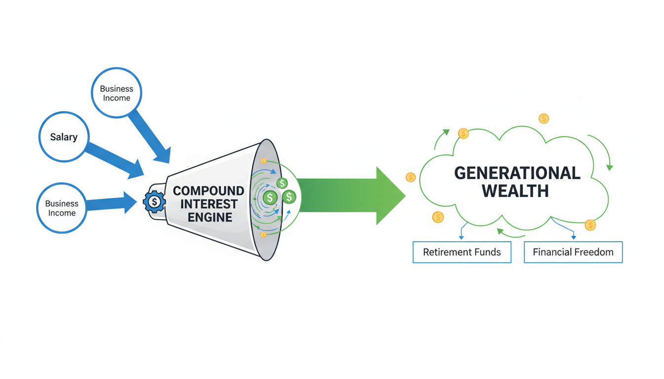 compound interest calculator - flowchart diagram showing money flowing from income sources into a funnel labeled 'compound interest engine' and outputting wealth