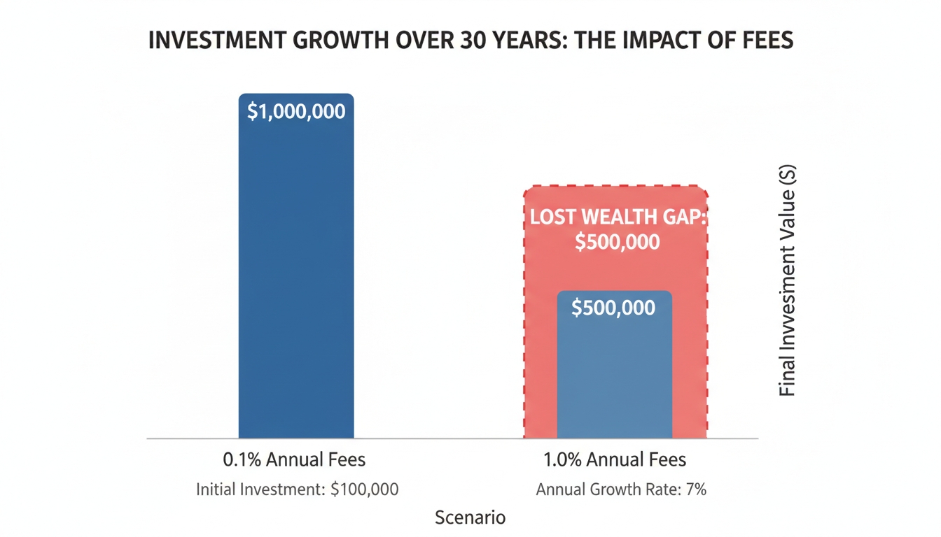 Investment Calculator - bar chart comparing investment growth with 0.1% fees vs 1.0% fees over 30 years, highlighting the 'lost wealth' gap