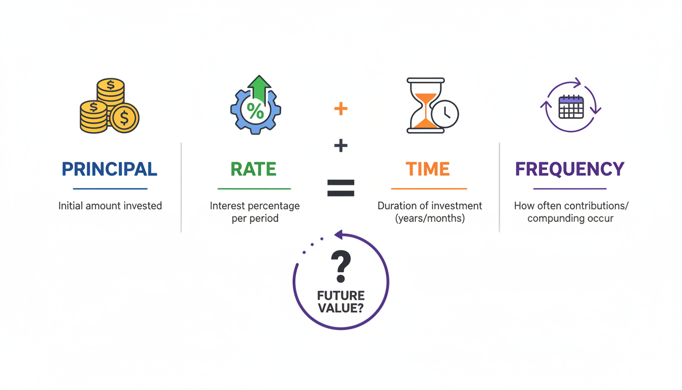 Investment Calculator - detailed infographic showing the four pillars of investment calculation: Principal, Rate, Time, and Frequency, with icons representing each