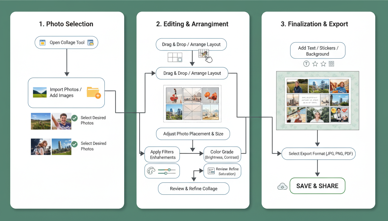 online collage maker - step-by-step process flowchart showing the workflow from selecting photos to color grading to final export in a collage tool