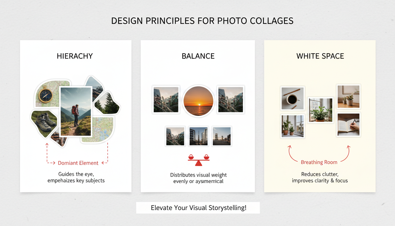online collage maker - educational infographic illustrating design principles like hierarchy, balance, and white space specifically applied to a photo collage layout