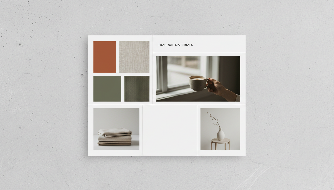 online collage maker - professional minimalist mood board layout showing color swatches, fabric textures, and lifestyle photography arranged in an aesthetic asymmetrical grid