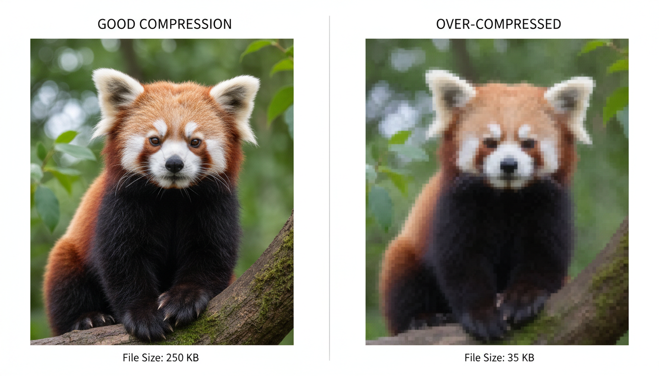 Image Resizer Tool - split screen comparison showing a 'good' compressed image vs an 'over-compressed' image with visible artifacts and pixelation