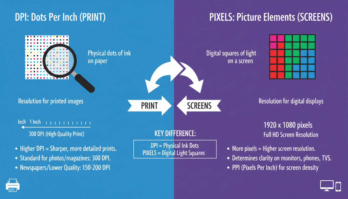 Image Resizer Tool - educational infographic explaining the difference between DPI for print and Pixels for screens
