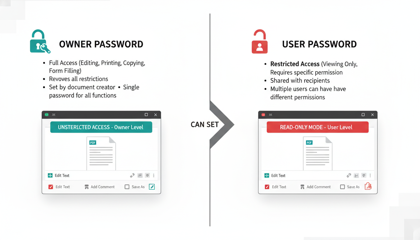 PDF unlocker - detailed infographic comparing Owner Password vs User Password visual indicators in a PDF reader interface