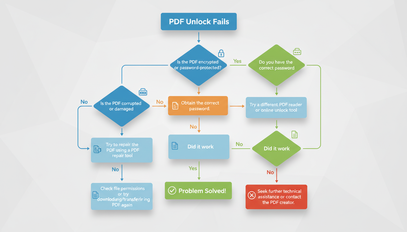 PDF unlocker - troubleshooting decision tree diagram for when a PDF unlock fails