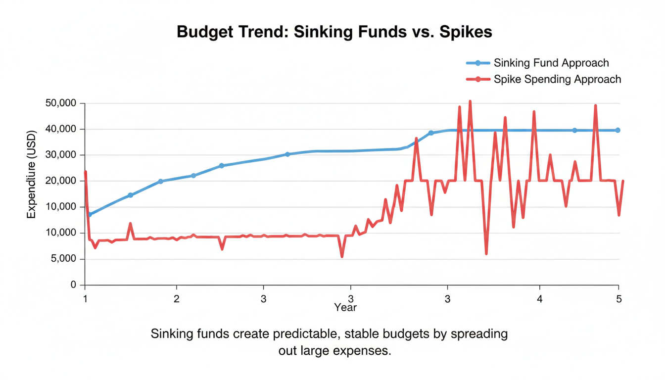 budget planner - data trend graph showing the smoothing effect of sinking funds on a yearly budget versus massive spending spikes