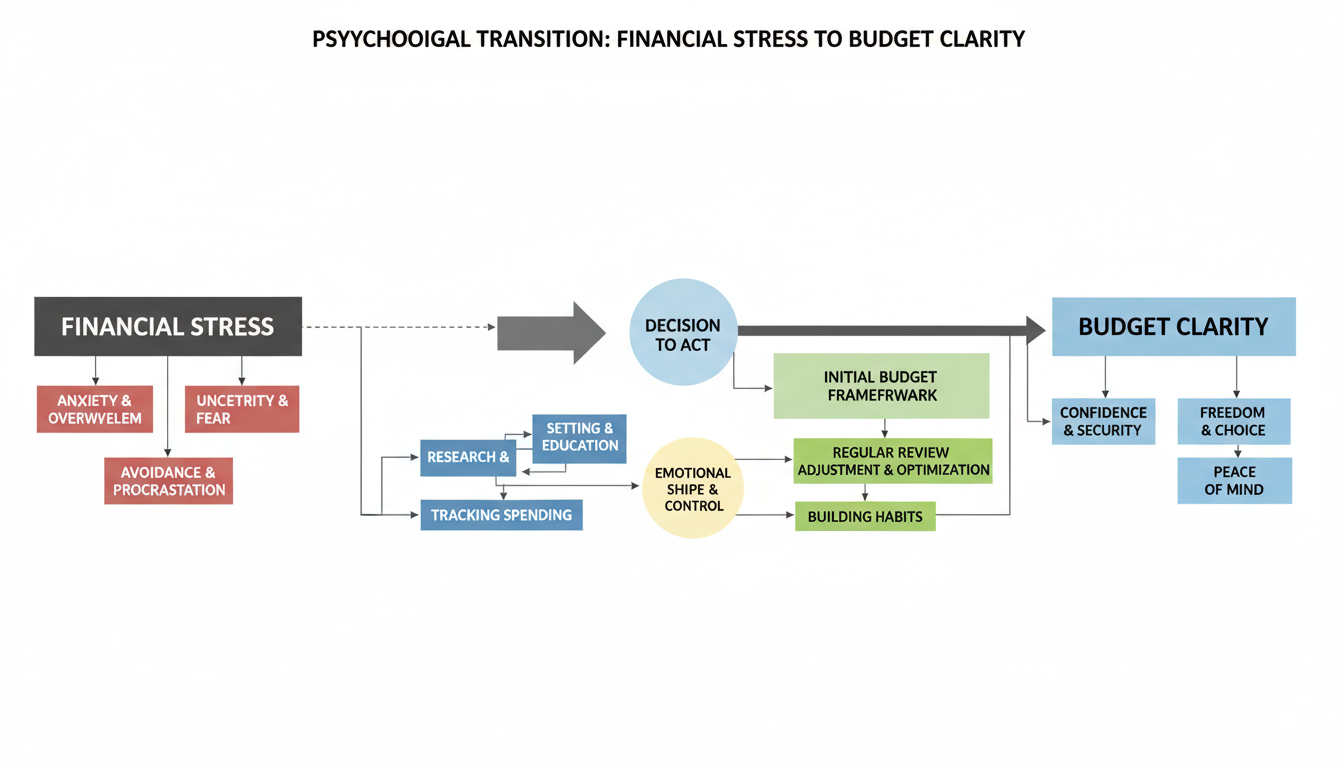 budget planner - professional minimalist flowchart showing the psychological transition from financial stress to budget clarity